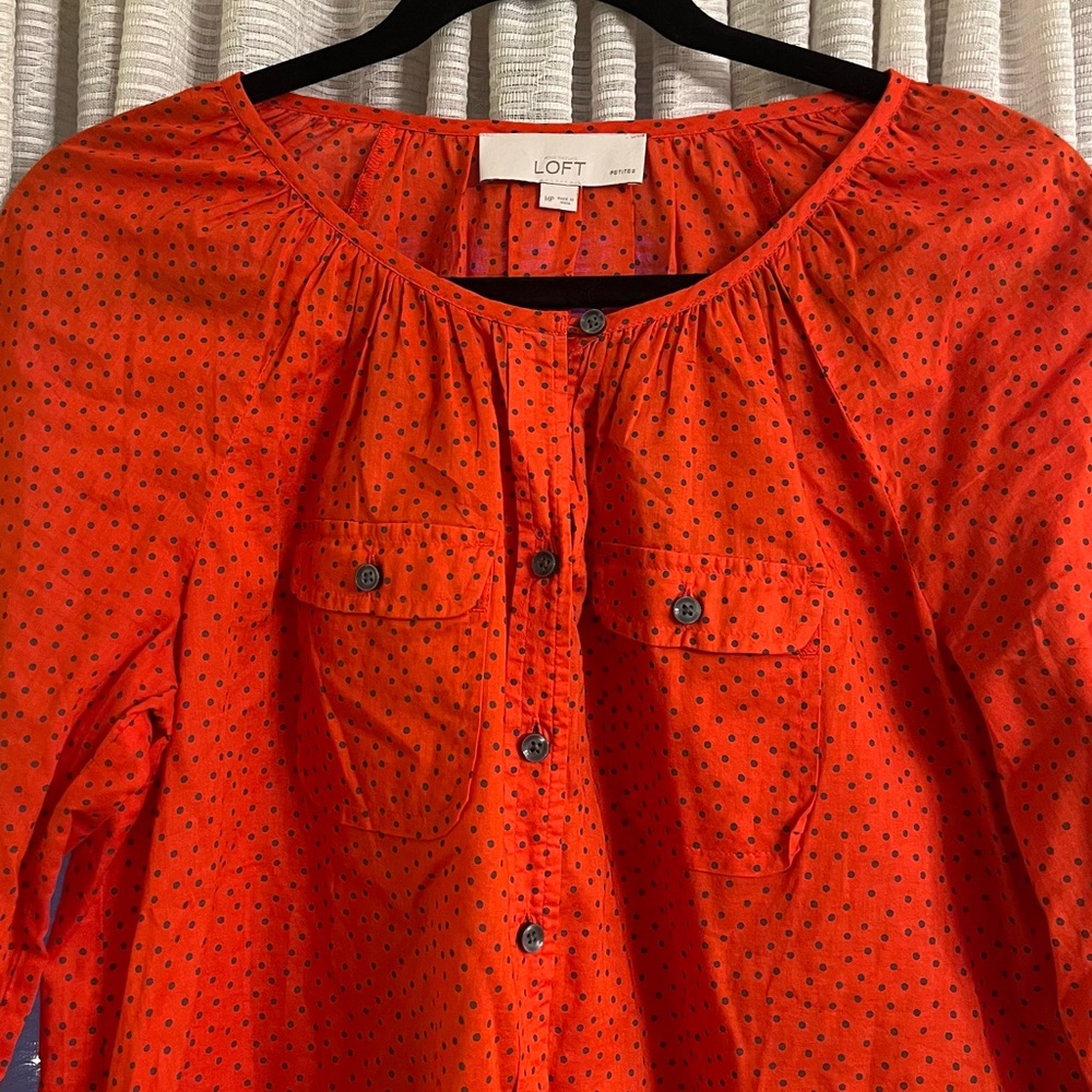 Loft Red-Orange Polka Dot Side-Split Button-Down … - image 4